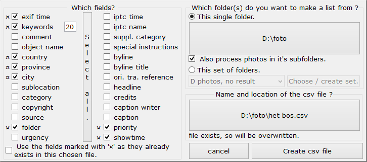Write csv file with metadata from photos in a folder or set of folders.
