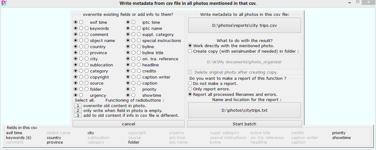 Read metadata from csv file and write it back into the photos.