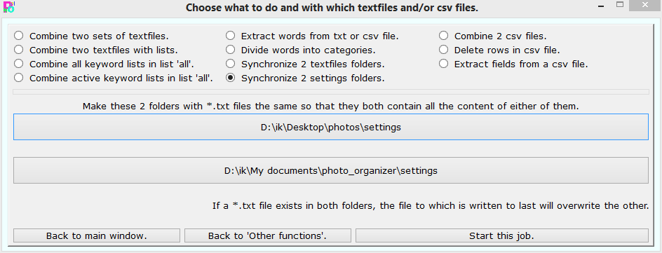 Synchronize 2 settings folders with txt files.